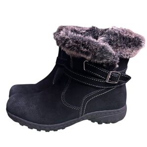 Khombu Black Leather Fur Lined Women’s Winter Ankle Zip Up Snow Boots
